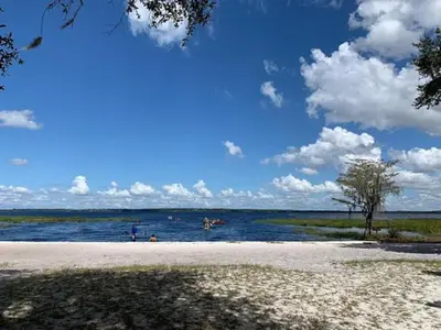 a beach with people swimming in the water at Pumba's Place - Fun, Lake, Pool- No Cleaning Fees! in Clermont