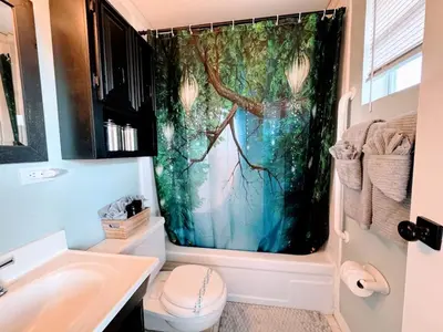 a bathroom with a shower curtain and a toilet at Stay The Enchanted Escape ! in Clermont