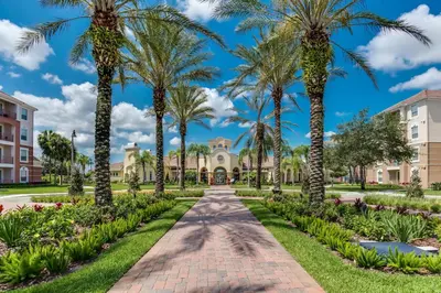 a pathway with palm trees in front of a building at Totally Remodeled Beauty WOW in Orlando