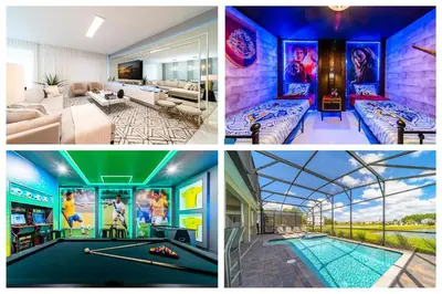 a collage of pictures of a house with a pool table at Themed 9BR Retreat Pool & Soccer Fun in Kissimmee