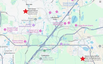 a map with red starbucks at Disney Magic Condo 1st Flr 3BR Disney-Themed Pool in Kissimmee