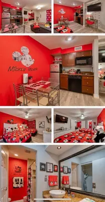 a collage of photos of a kitchen with red walls at Mickey's Hideaway Condo Near Disney in Orlando