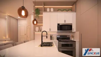 a kitchen with white cabinets and a stove top oven at The Epic San Jose Paradiso Grande Orlando Florida in Orlando