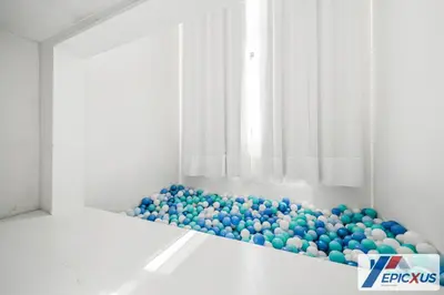 a room filled with blue balls in a window at The Epic Venice Paradiso Grande Orlando Florida in Orlando