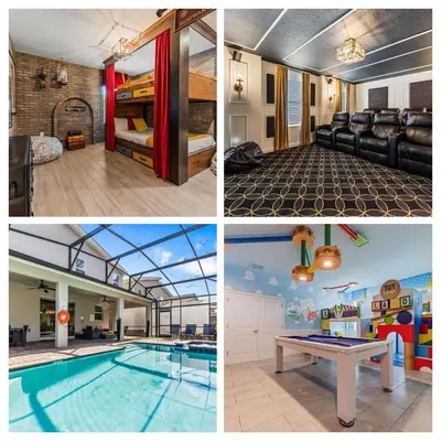 a collage of photos with a pool and a house at New Storey Lake Dream Family Escape in Kissimmee