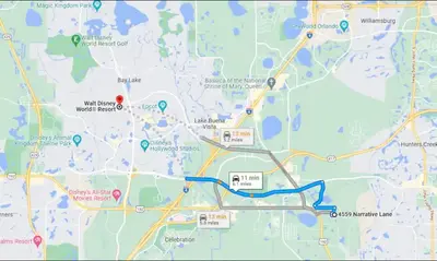 a map with a blue and yellow line on it at 9 Bedrooms 5 Bathrooms Storey Lake home in Kissimmee