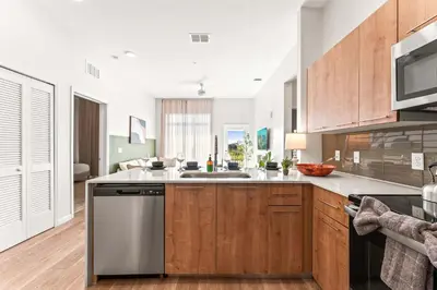 a kitchen with wooden cabinets and a stainless steel dishwasher at Riviere 3BR Apartment Stylish King Family Pets Friendly Pool & Gym Near Epic Universe in Orlando