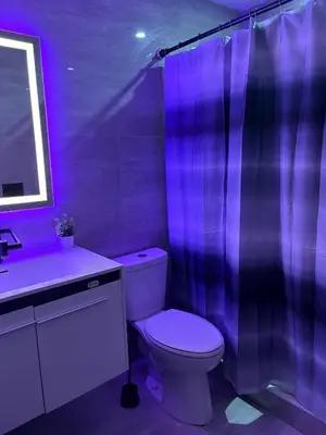 a purple bathroom with a toilet and a sink at Game Day Getaway-Downtown Orlando in Orlando