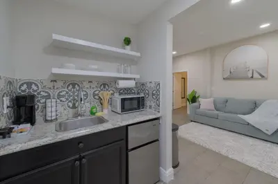 a kitchen with a sink and a living room with a couch at Comfortable 1 bedroom home in Orlando