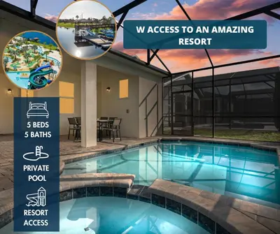 a swimming pool with a sign that reads access to an amazing resort at 5BR/5BA Home & Storey Lake Water Park Amenities in Kissimmee