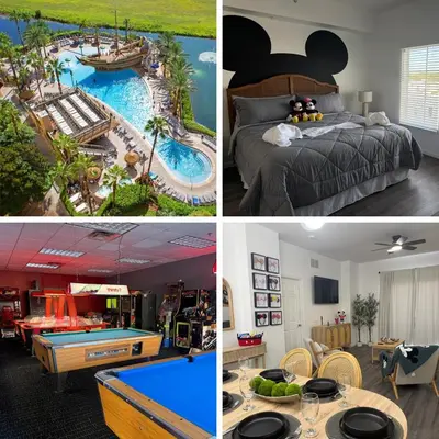 a collage of three pictures of a resort with a pool table at Magical Condo 3 bedroom in Orlando