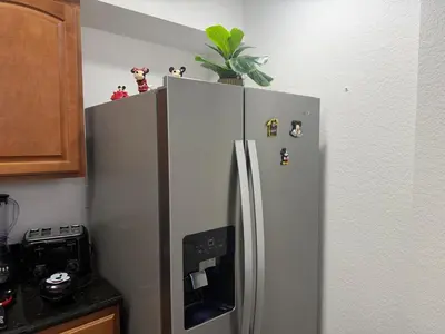 a stainless steel refrigerator with a plant on top of it at Magical Condo 3 bedroom in Orlando