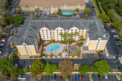 an aerial view of a resort with a pool at Well-Located 1BR Kitchen Near Theme Parks in Orlando