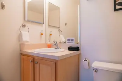 a bathroom with a sink and a mirror and a toilet at Gated Pool Home 20 Min to Disney, Uni, MCO in Kissimmee