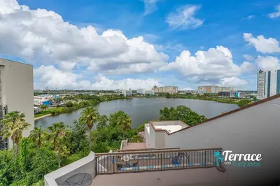 a view of a river from a building at Fireworks View Studio Condo with Terrace and Kitchenette in Orlando