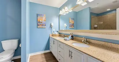 a bathroom with a toilet and a sink and a mirror at Blue Heron Resort in Orlando
