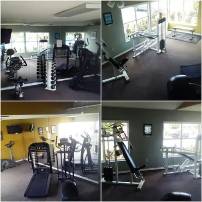 three pictures of a gym with exercise equipment in it at 10 minutes to all Disney parks with pool and wifi in Kissimmee