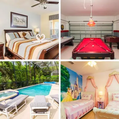 a collage of four pictures of a bedroom with a pool at Ev2753 - Golden Horizon Villa in Kissimmee