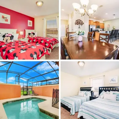 a collage of four pictures of a hotel room at Ev8944 - Paradise Palms Escape in Kissimmee