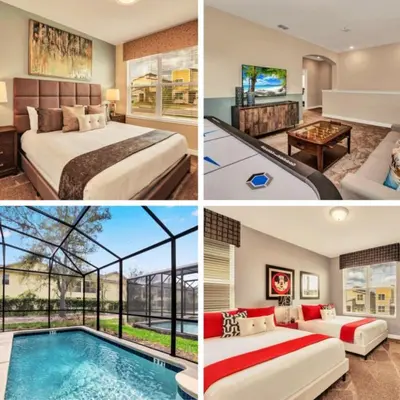 a collage of four pictures of a hotel room at Ev2755Book - Golden Horizon Villa in Kissimmee