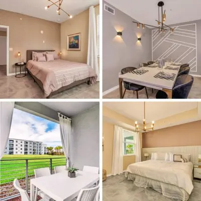 three pictures of a bedroom with two beds and a table at Ev101 - The Luxe Loft in Kissimmee