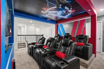 a room with black chairs and a ceiling with a mural at 4324Prolouge in Kissimmee