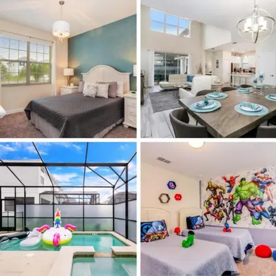 a collage of four pictures of a bedroom and a house at Ev4778 - Paradise Cove Villa in Kissimmee