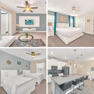 a collage of photos of a living room and a bedroom at Ev4927 - Beautiful Storey Lake in Kissimmee