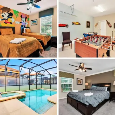 a collage of pictures of a bedroom with a pool table at Ev8927 - Paradise Dream Retreat in Kissimmee