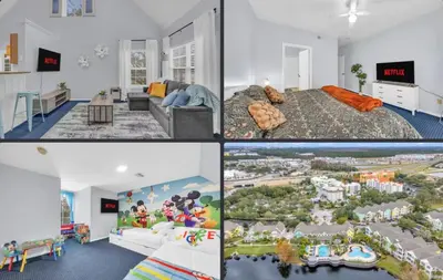 a collage of four pictures of a living room at Family Resort Condo Disney 5 miles in Kissimmee