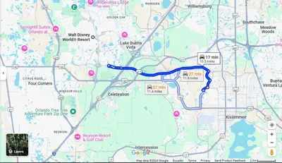 a map of a road with a blue trail at 9 BR Family Home 8 Min to Disney SON104 in Kissimmee