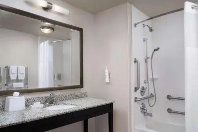 a bathroom with a shower and a sink and a tub at Hampton Inn & Suites Orlando/Downtown South - Medical Center in Orlando