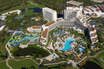 an aerial view of a resort with a pool at Orlando World Center Marriott in Orlando