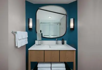 a bathroom with a sink and a mirror at Hotel Landy Orlando Universal Blvd, a Tribute Portfolio Hotel in Orlando