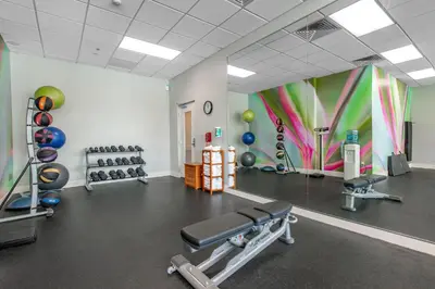 a gym with a treadmill and a colorful wall at Holiday Inn Orlando – Disney Springs® Area by IHG in Orlando
