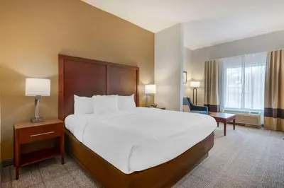 a hotel room with a large bed with white sheets at Comfort Suites Downtown in Orlando