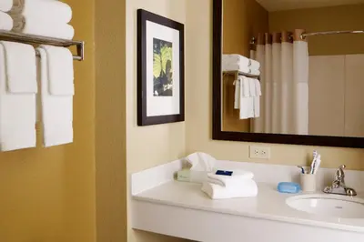 a bathroom with a sink and a mirror and towels at Extended Stay America Suites - Orlando - Convention Center - Universal Blvd in Orlando