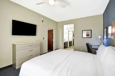 a bedroom with a white bed and a flat screen tv at Homewood Suites by Hilton Orlando Theme Parks in Orlando