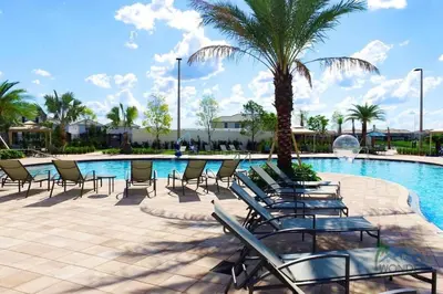 a swimming pool with chairs and a palm tree at Four Bedrooms Home with Pool 3079 in Kissimmee