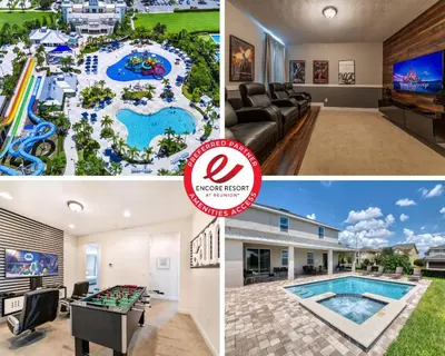 a collage of photos of a house with a pool at Exquisite Home With Media Room & Games With Waterpark & Resort Access Near Disney At Encore Resort- 7600Mc in Kissimmee