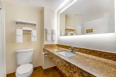 a bathroom with a toilet and a sink and a mirror at Best Western Plus Universal Inn - Free Shuttle to Universal Studios! in Orlando