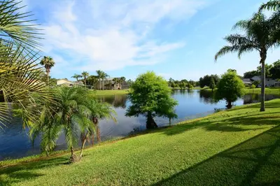 a view of a lake with palm trees and water at Mickey's Lake Villa in Orlando