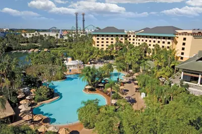 an aerial view of a resort with a pool at Universal's Loews Royal Pacific Resort in Orlando