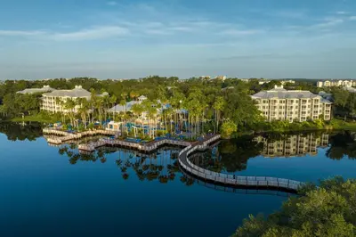 an aerial view of a resort on the water at Marriott's Cypress Harbour Villas in Orlando