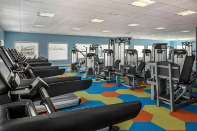 a gym with rows of tread machines on a colorful carpet at Marriott's Harbour Lake in Orlando