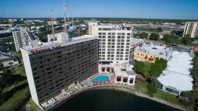 an aerial view of a large building with a bridge at Plaza Suites On International Drive Near Universal Epic in Orlando