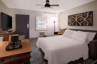 a bedroom with a large white bed and a tv at Embassy Suites by Hilton Orlando Airport in Orlando