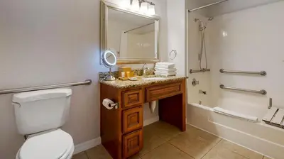 a bathroom with a toilet and a sink and a mirror at Bluegreen Vacations Orlando's Sunshine Resort in Orlando