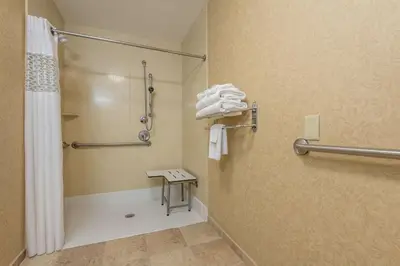 a bathroom with a shower with a shower curtain at Hampton Inn & Suites Orlando-South Lake Buena Vista in Kissimmee