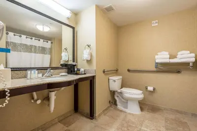 a bathroom with a toilet and a sink and a mirror at Hampton Inn & Suites Orlando-South Lake Buena Vista in Kissimmee